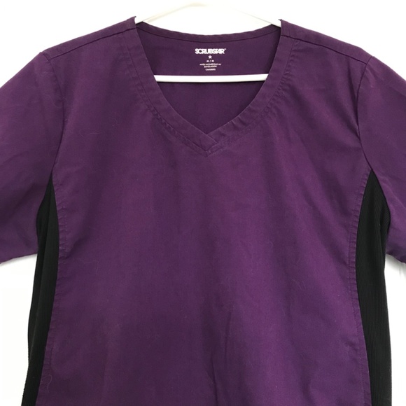 SCRUBSTAR Scrub Top Eggplant Purple Black M Short Sleeve V-Neck Front Pockets - Picture 3 of 15